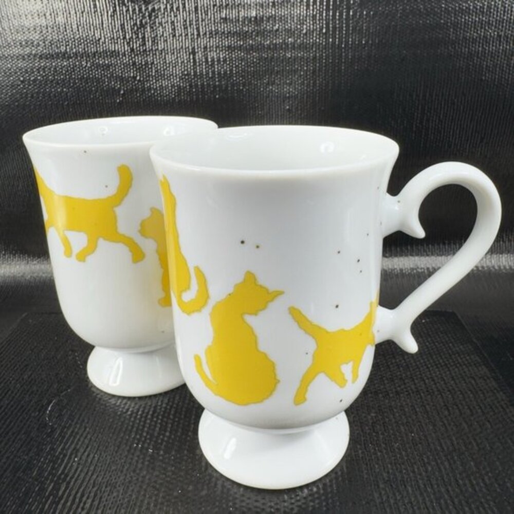 Silhouette‎ Speckled Yellow Cat Footed Pedestal Coffee Mugs Cups Set 2 Ceramic